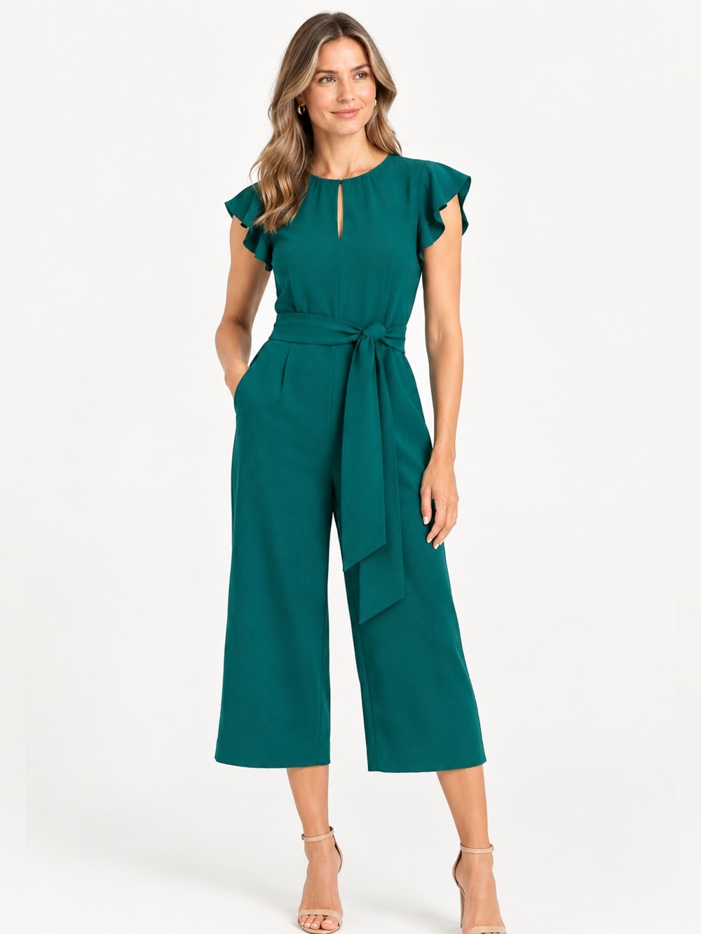 J.Crew 365 Crepe Emerald Green Flutter Sleeve Cropped Wide Leg Jumpsuit 6 Tall